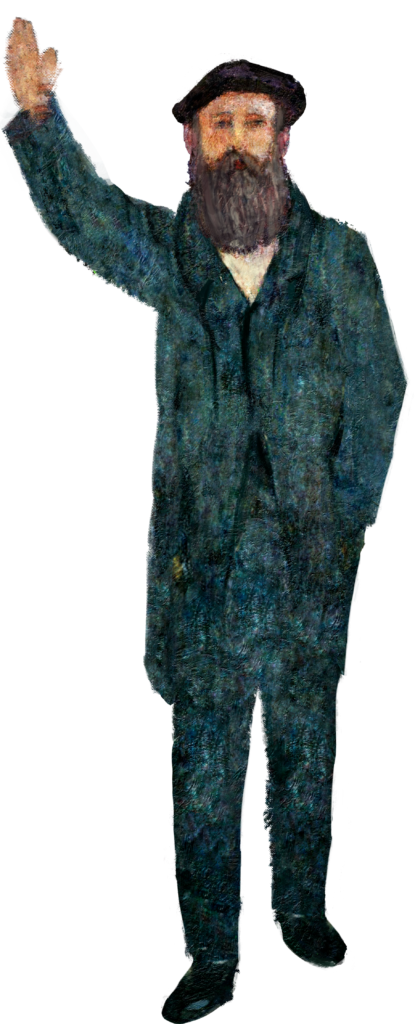 Retrato de Claude Monet, de corpo inteiro, acenando com a mão direita, sobre fundo em tons de azul e verde. Ele tem barba longa e grisalha, usa boina preta, casaco e calça verde escuro e sapatos pretos.