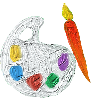 Desenho com grossas pinceladas de uma paleta branca com cinco borrões de tinta, nas cores amarela, azul, vermelho, verde e roxa. Ao lado da paleta, um pincel de cabo vermelho e cerdas amarelas.