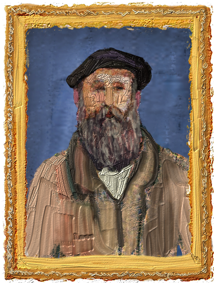 O quadro com moldura dourada e fundo azul, mostra o retrato de Monet, do peito para cima, com longa barba, boina preta e casaco marrom.